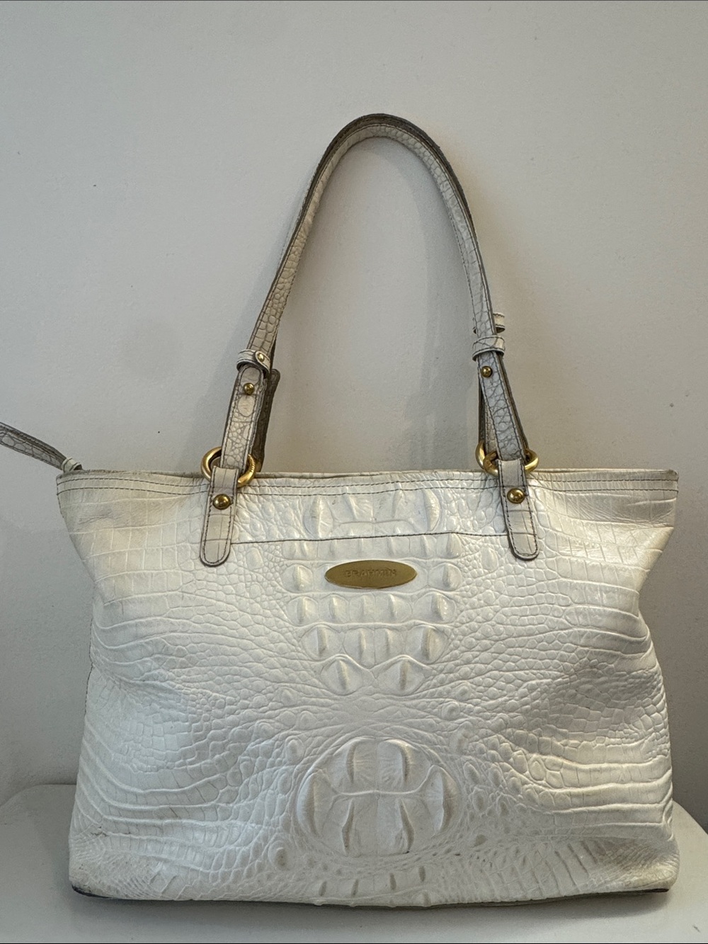 Brahmin Melbourne Croc Embossed Leather Tote Bag Linen Cream Gold - Picture 2 of 12